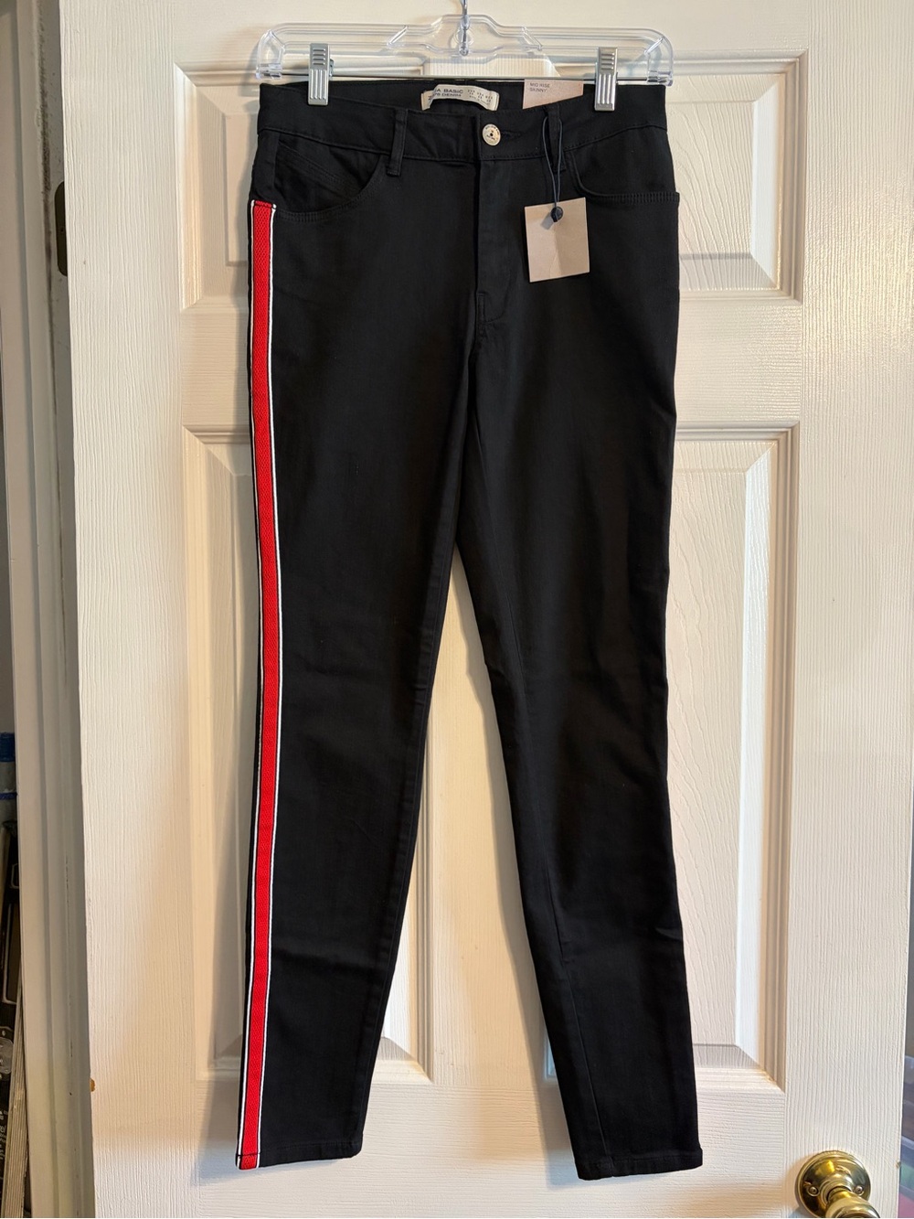 Zara Z1975 Mid Rise Skinny Jeans Size 6 Black Red White Side Stripe NWT